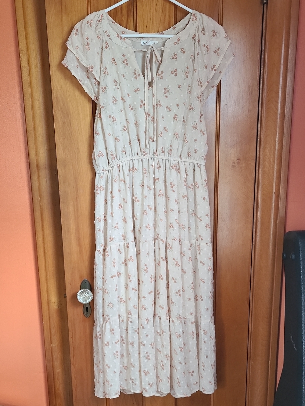 Light Floral Tie-Neck Maxi Dress - Cream with Dusty Rose Print